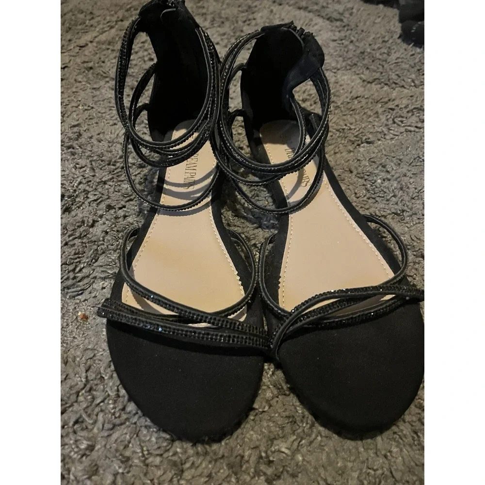 Dream Paris Women's Black Strappy Sandals with Rhinestone Accents Size 10